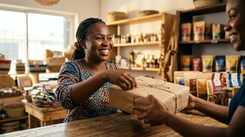 A friendly small business owner assisting a happy customer inside a modern, well-organized local shop, showcasing excellent customer service through personalized interaction, clean branding, and a welcoming atmosphere.