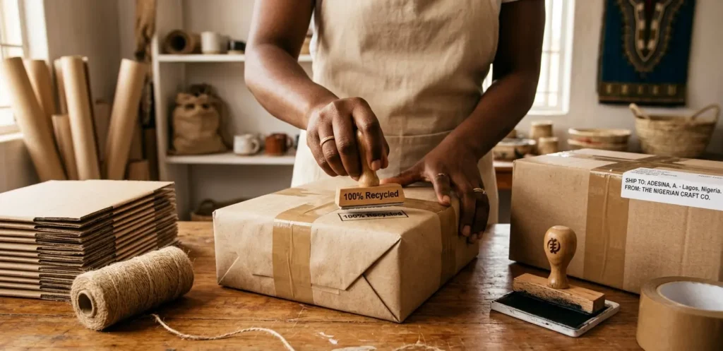 Close-up of a Nigerian artisan stamping a "100% Recycled" logo onto a brown paper package at a rustic wooden shipping station with eco-friendly packing supplies.