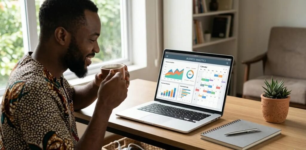 A modern small business workspace featuring a laptop displaying AI automation software, a smartphone with business analytics, and a business owner managing tasks efficiently, representing affordable AI tools that help streamline small business operations and improve productivity.