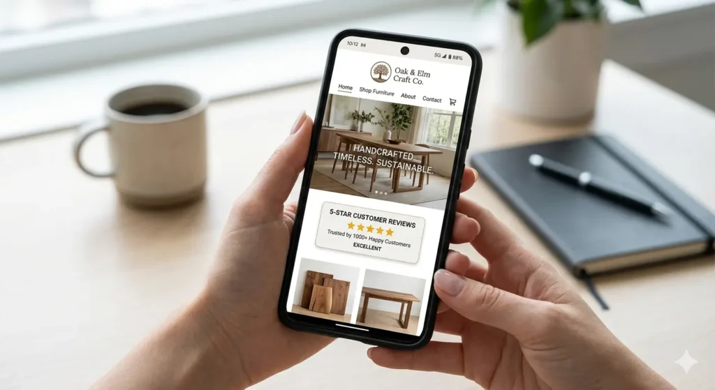 A professional small business website displayed on a laptop alongside branded social media pages, customer reviews, and trust badges, illustrating how businesses build online brand credibility through strong digital presence, positive feedback, and consistent branding.
