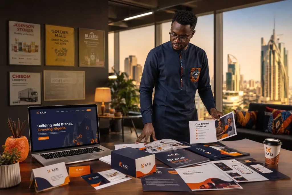 Confident young Nigerian entrepreneur reviewing premium branding materials in a modern office workspace, with a laptop displaying a corporate website, branded brochures, business cards, packaging designs, and Lagos city skyline in the background.