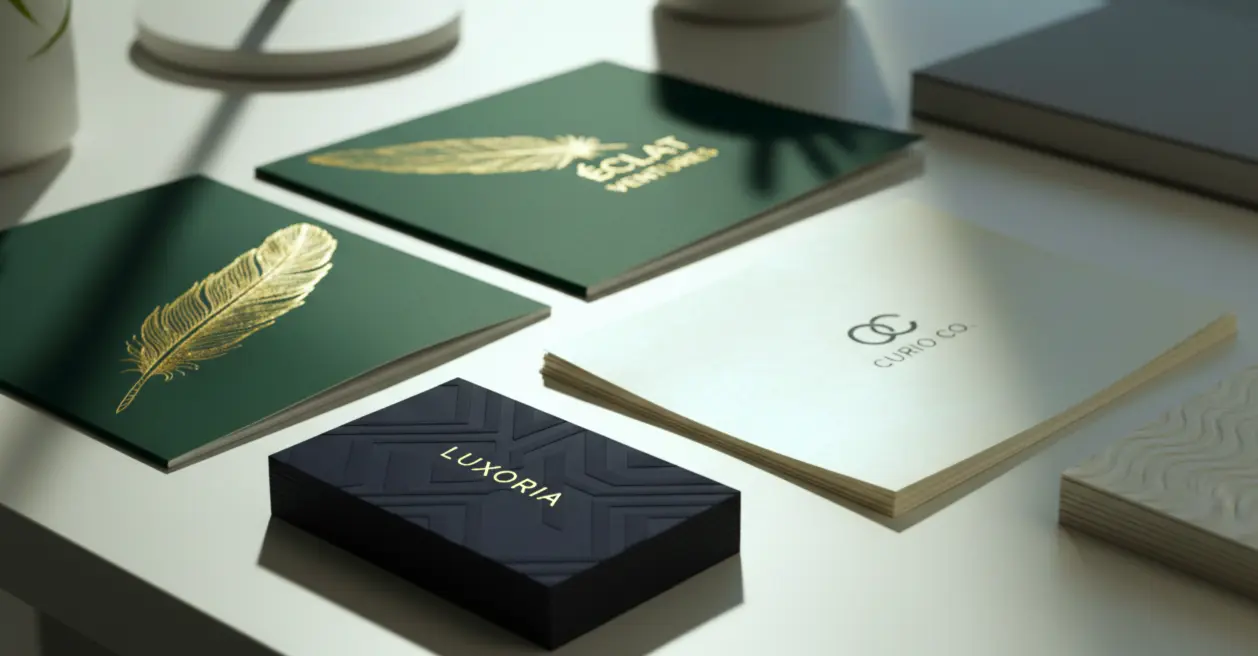 A collection of luxury branded stationery items, including dark green cards with gold feather emblems and a black embossed box labeled "LUXORIA," arranged on a white surface.
