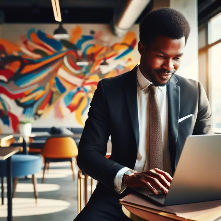 A professionally dressed Nigerian businessman works on a laptop in a modern office or café, reviewing financial information in a bright, creative workspace. The image represents corporate finance, business planning, and entrepreneurship.
