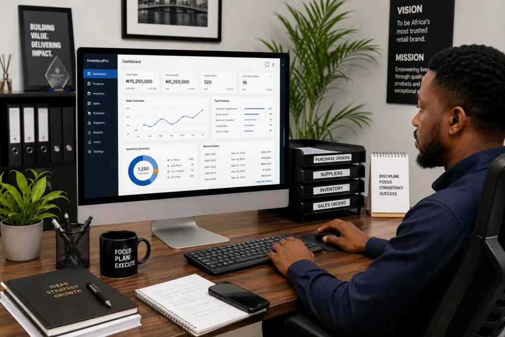 A Nigerian entrepreneur works at a desktop computer displaying business analytics and inventory management software. The organized office features sales charts, inventory reports, labeled document trays, and productivity tools, highlighting technology-driven business operations and efficient inventory management.