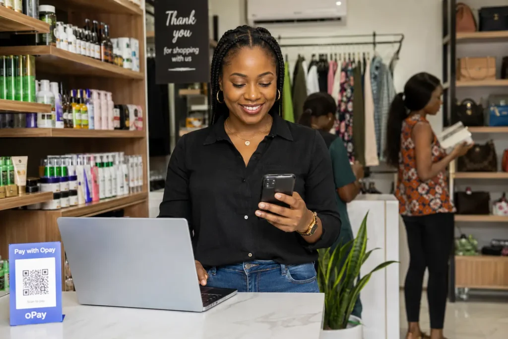 A Nigerian business owner creates social media content at a modern workspace, using a laptop to plan a digital marketing strategy while holding a smartphone displaying Facebook and Instagram business pages. A ring light, camera, and neatly arranged branded beauty products highlight content creation, online branding, and digital marketing for small businesses.