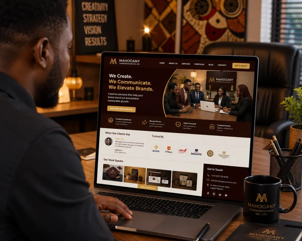 A professional Nigerian business website displayed on a laptop features customer testimonials, trust badges, certifications, completed projects, company information, and clear contact details. The clean, modern design conveys credibility and trust, demonstrating how a professional website helps businesses build customer confidence and stand out from competitors.
