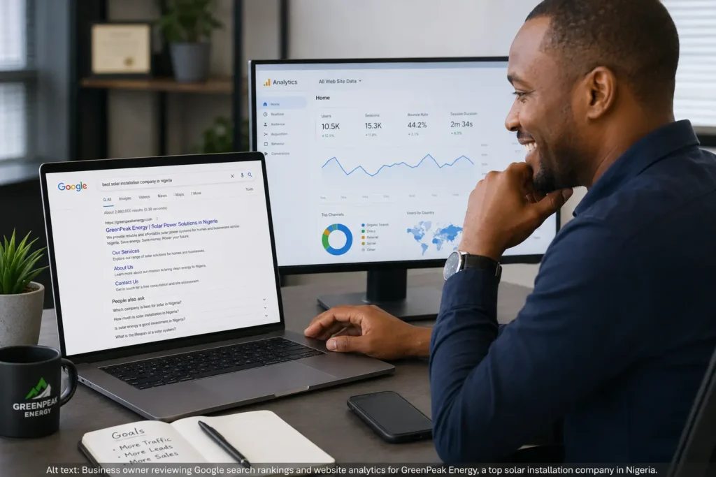 A Nigerian business owner smiles while reviewing website analytics on a desktop monitor as a laptop displays Google search results with the company's website ranking on the first page. The modern office features a clean workspace, digital marketing dashboards, and a professional business environment.