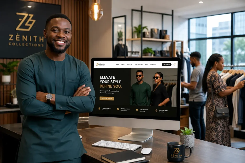 A modern Nigerian business owner stands confidently in a professional workspace while a laptop displays a sleek business website with service information, branding, contact details, and customer reviews. The scene highlights a website as a business's digital storefront, creating a strong first impression and helping potential customers verify credibility before making a purchase or inquiry.
