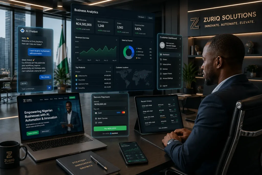 A futuristic Nigerian business office where a professional website is seamlessly connected to an AI chatbot, secure online payment system, customer dashboard, and real-time business analytics. A business owner works at a modern digital workstation surrounded by interactive holographic interfaces, creating a high-tech, ultra-realistic business environment that highlights digital transformation and smart business management.