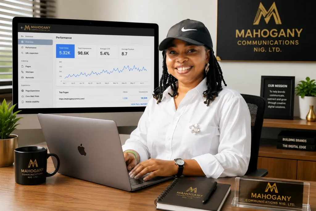 A Nigerian business owner smiles while viewing a laptop displaying Google search results with their business website ranked on the first page. Website analytics and traffic charts are visible on the screen in a modern office, illustrating how search engine optimization (SEO) helps businesses increase online visibility, attract potential customers, and generate more inquiries and sales.
